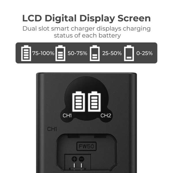 K&F Concept hordozható dupla BC-TRW akkumulátor töltő, LCD, USB-C, 2db FW50 akkumulátorhoz