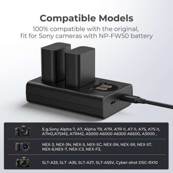 K&F Concept hordozható dupla BC-TRW akkumulátor töltő, LCD, USB-C, 2db FW50 akkumulátorhoz