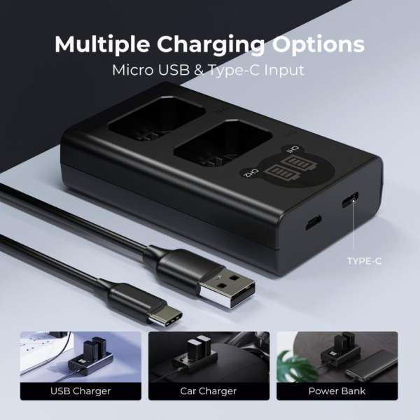 K&F Concept hordozható dupla BC-TRW akkumulátor töltő, LCD, USB-C, 2db FW50 akkumulátorhoz