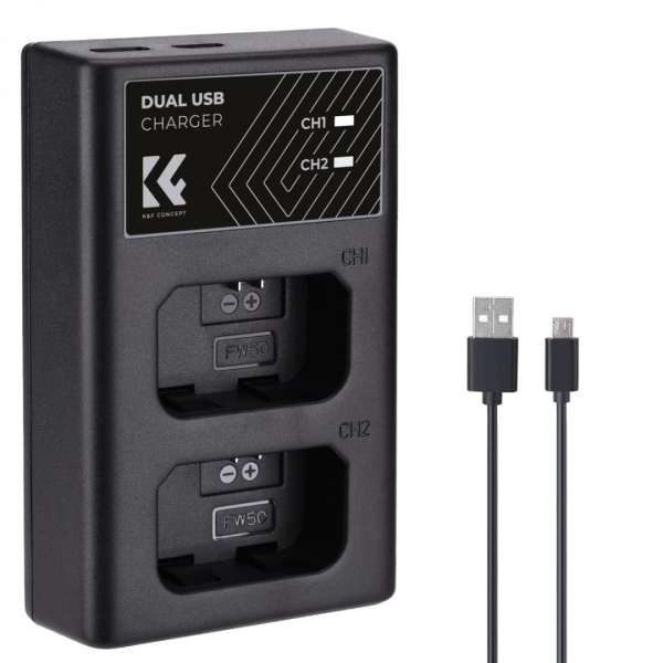 K&F Concept hordozható dupla BC-TRW akkumulátor töltő, USB-C, 2db FW50 akkumulátorhoz