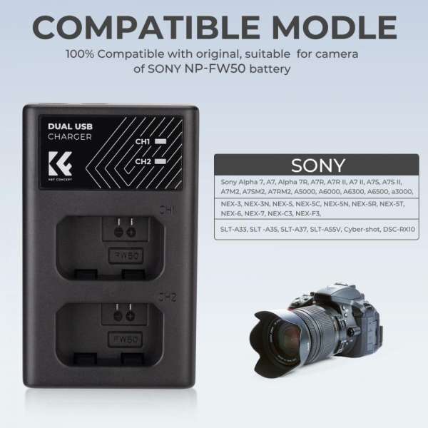 K&F Concept hordozható dupla BC-TRW akkumulátor töltő, USB-C, 2db FW50 akkumulátorhoz