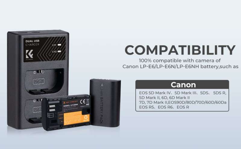 K&F Concept hordozható dupla LC-E6 akkumulátor töltő, USB-C, 2db LP-E6NH akkumulátorhoz