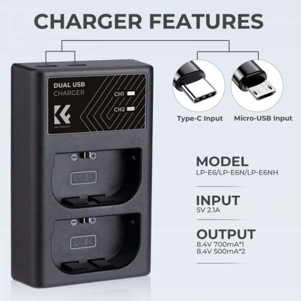 K&F Concept hordozható dupla LC-E6 akkumulátor töltő, USB-C, 2db LP-E6NH akkumulátorhoz