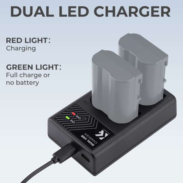 K&F Concept hordozható dupla MH-25 akkumulátor töltő, USB-C, 2db EN-EL15 akkumulátorhoz