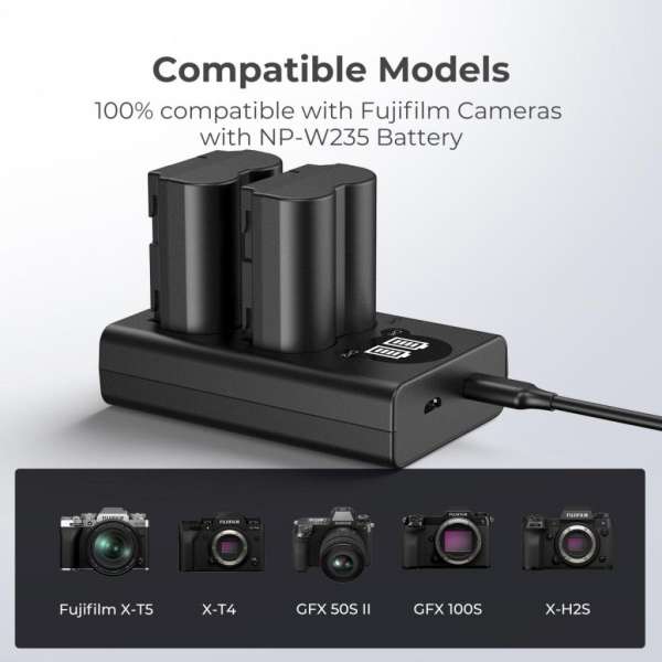 K&F Concept hordozható dupla NP-W235 akkumulátor töltő, LCD, USB-C, 2db NP-W235 akkumulátorhoz