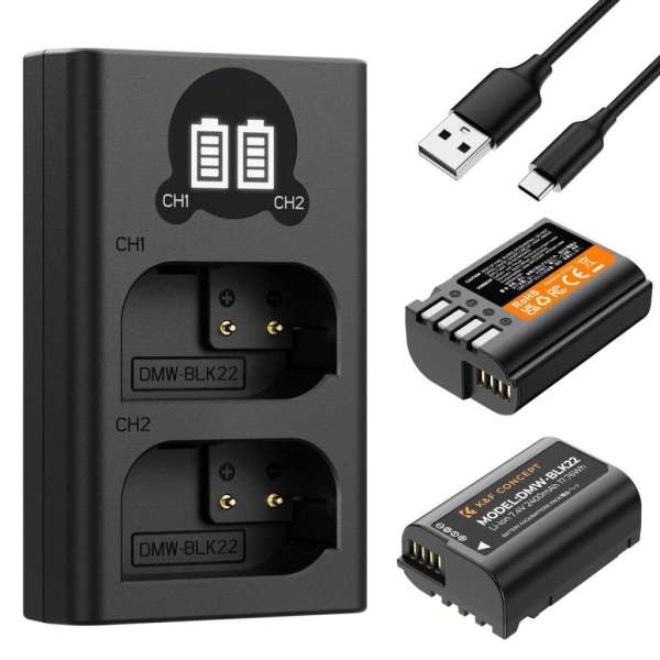 K&F Concept hordozható dupla USB-C akku DMW-BLK22 töltő, LCD + 2db DMW-BLK22 akkumulátor 2400mAh