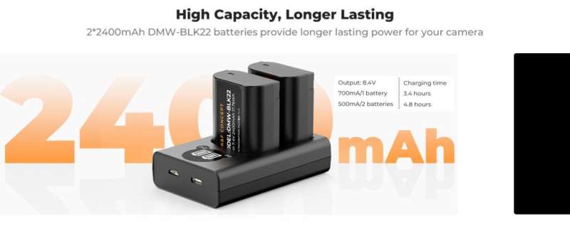 K&F Concept hordozható dupla USB-C akku DMW-BLK22 töltő, LCD + 2db DMW-BLK22 akkumulátor 2400mAh