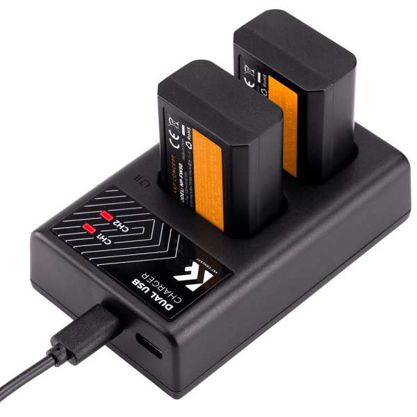 K&F Concept hordozható dupla USB-C akkumulátor BC-TRW töltő + 2db FW50 akkumulátor 1100mAh