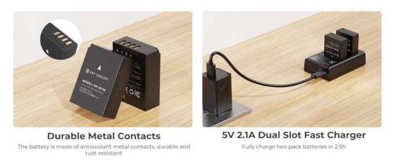 K&F Concept hordozható dupla USB-C akkumulátor BC-W126 töltő + 2db NP-W126 akkumulátor 1300mAh