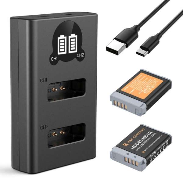 K&F Concept hordozható dupla USB-C akkumulátor CB-2LHE töltő, LCD + 2db NB-13L akkumulátor 1250mAh