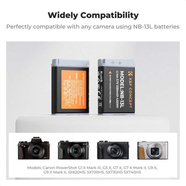 K&F Concept hordozható dupla USB-C akkumulátor CB-2LHE töltő, LCD + 2db NB-13L akkumulátor 1250mAh