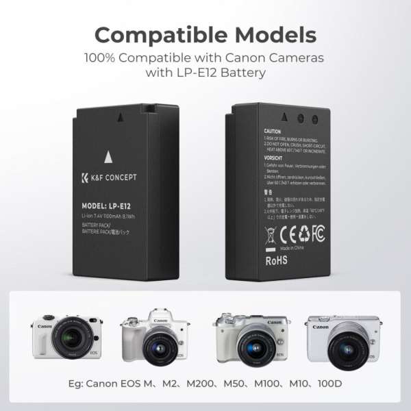 K&F Concept hordozható dupla USB-C akkumulátor LC-E12 töltő + 2db LP-E12 akkumulátor 1100mAh