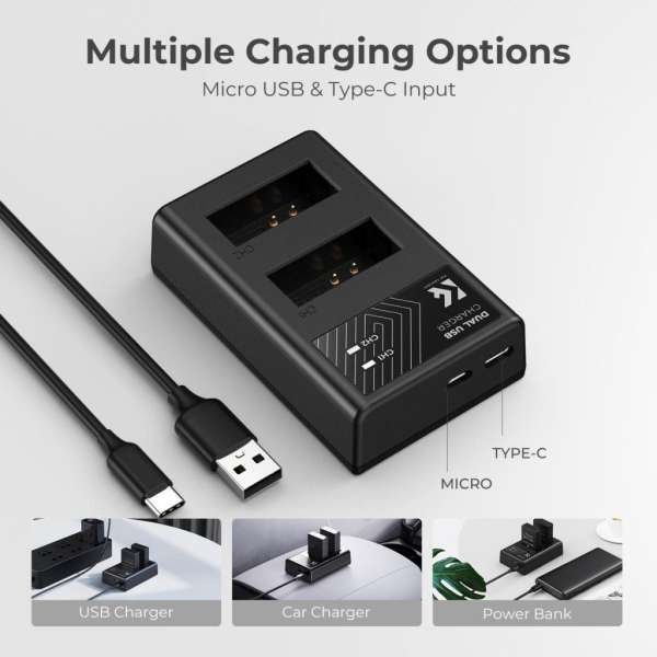 K&F Concept hordozható dupla USB-C akkumulátor LC-E12 töltő + 2db LP-E12 akkumulátor 1100mAh