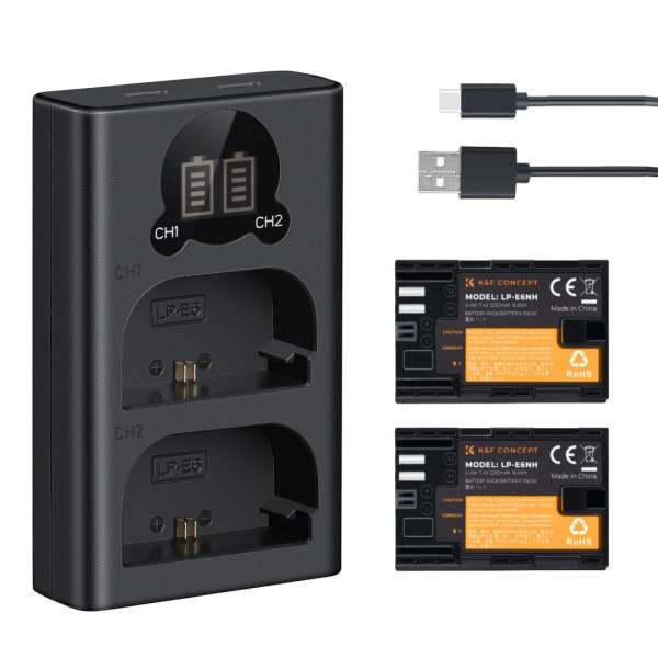 K&F Concept hordozható dupla USB-C akkumulátor LC-E6 töltő, LCD + 2db LP-E6NH akkumulátor 2250mAh