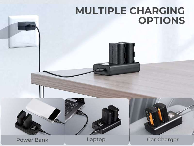 K&F Concept hordozható dupla USB-C akkumulátor LC-E6 töltő, LCD + 2db LP-E6NH akkumulátor 2250mAh