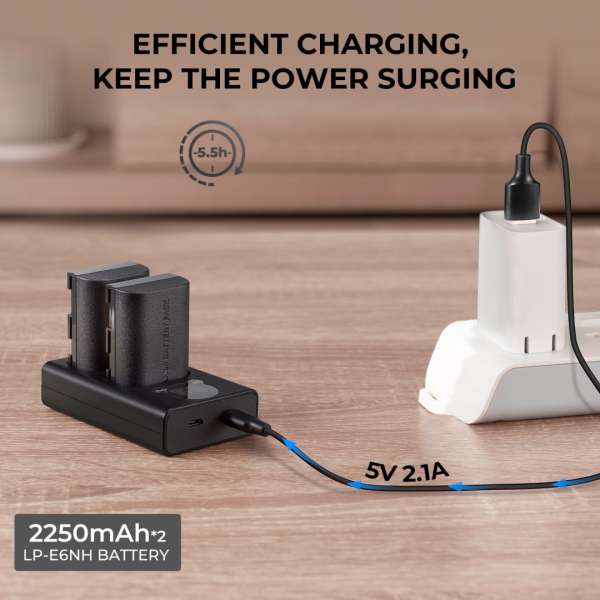 K&F Concept hordozható dupla USB-C akkumulátor LC-E6 töltő, LCD + 2db LP-E6NH akkumulátor 2250mAh