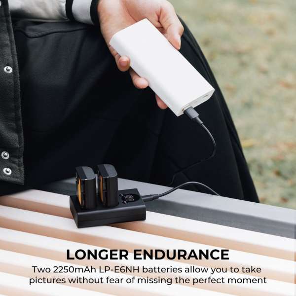 K&F Concept hordozható dupla USB-C akkumulátor LC-E6 töltő, LCD + 2db LP-E6NH akkumulátor 2250mAh