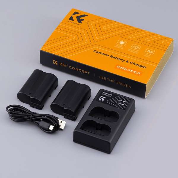 K&F Concept hordozható dupla USB-C akkumulátor MH-25 töltő + 2db EN-EL15 akkumulátor 2100mAh