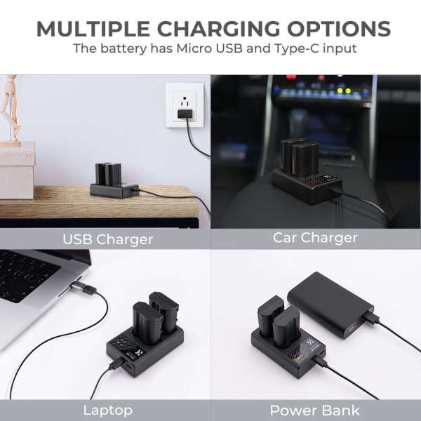 K&F Concept hordozható dupla USB-C akkumulátor MH-25 töltő + 2db EN-EL15 akkumulátor 2100mAh