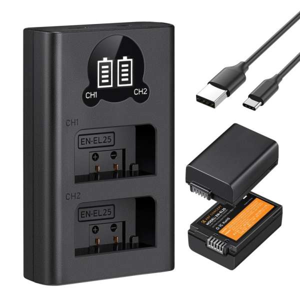 K&F Concept hordozható dupla USB-C akkumulátor MH-32 töltő, LCD + 2db EN-EL25 akkumulátor 1600mAh