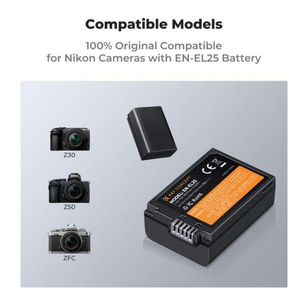 K&F Concept hordozható dupla USB-C akkumulátor MH-32 töltő, LCD + 2db EN-EL25 akkumulátor 1600mAh