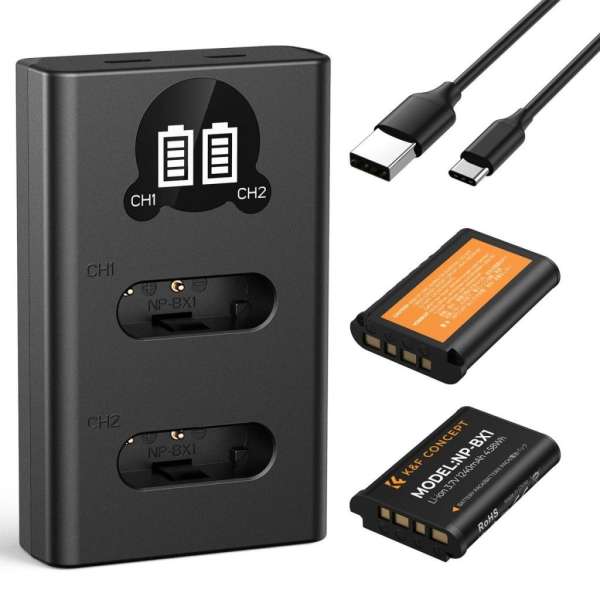 K&F Concept hordozható dupla USB-C akkumulátor NP-BX1 töltő, LCD + 2db NP-BX1 akkumulátor 1240mAh