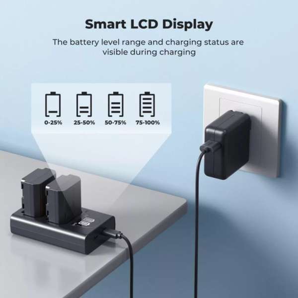K&F Concept hordozható dupla USB-C akkumulátor NP-FZ100 töltő + 2db NP-FZ100 akkumulátor 2600mAh