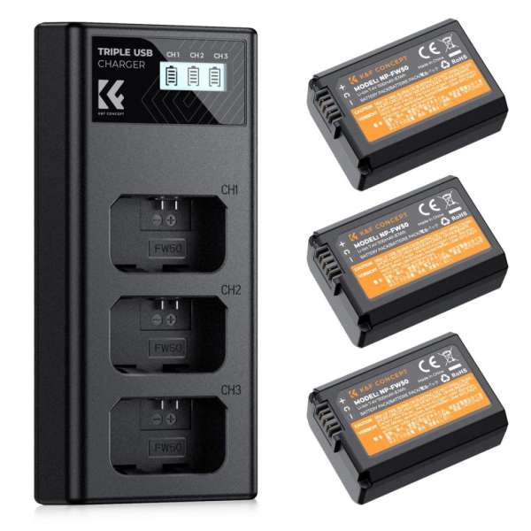 K&F Concept hordozható tripla USB-C akkumulátor BC-TRW töltő, LCD + 3db FW50 akkumulátor 1100mAh