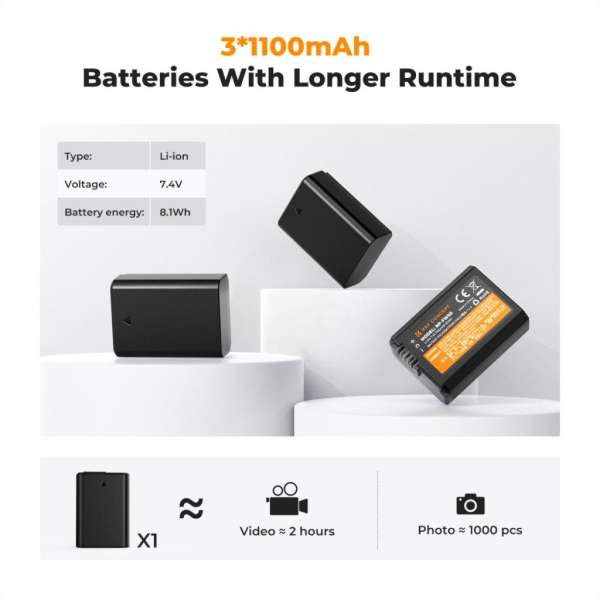 K&F Concept hordozható tripla USB-C akkumulátor BC-TRW töltő, LCD + 3db FW50 akkumulátor 1100mAh