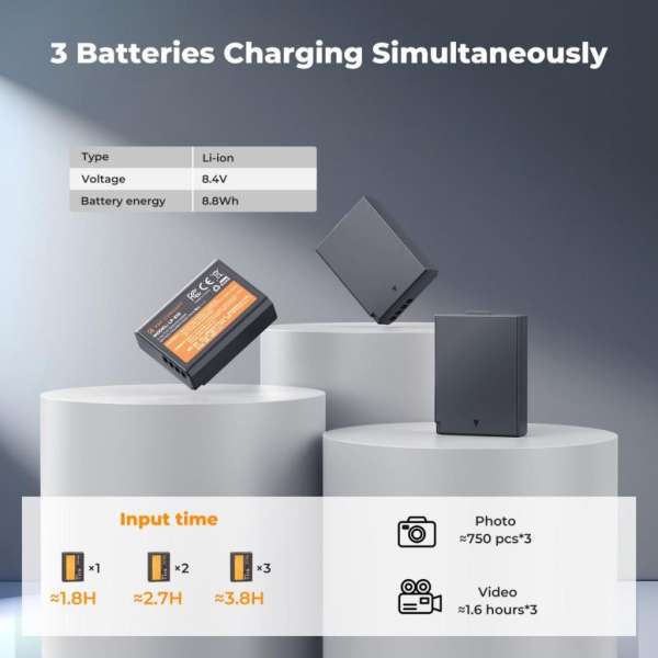 K&F Concept hordozható tripla USB-C akkumulátor LC-E10 töltő, LCD + 3db LP-E10 akkumulátor 1200mAh