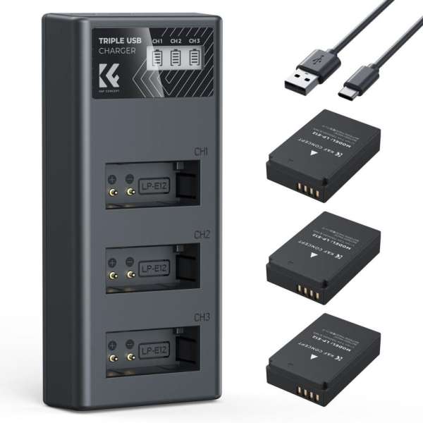 K&F Concept hordozható tripla USB-C akkumulátor LC-E12 töltő, LCD + 3db LP-E12 akkumulátor 1100mAh