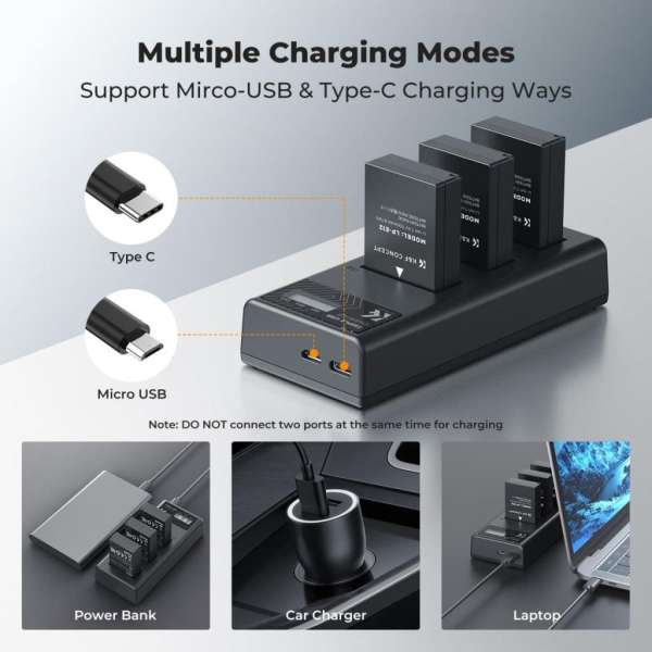 K&F Concept hordozható tripla USB-C akkumulátor LC-E12 töltő, LCD + 3db LP-E12 akkumulátor 1100mAh