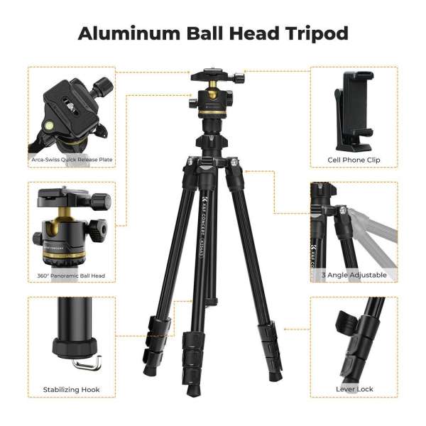 K&F Concept K234A0 állvány BH-28L gömbfej, 163cm magasság, 8kg teherbírás, telefontartóval