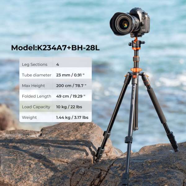 K&F Concept K234A7+BH28L állvány, 200cm magasság, 10kg teherbírás, telefonadapter