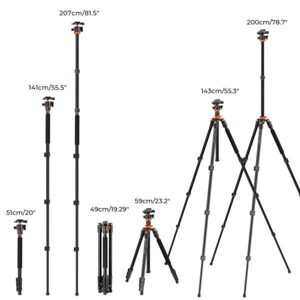 K&F Concept K234A7+BH28L állvány, 200cm magasság, 10kg teherbírás, telefonadapter