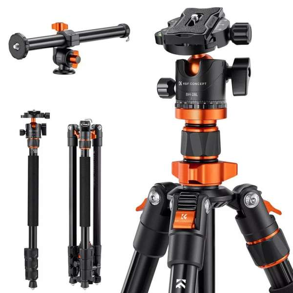 K&F Concept KF-09-087V6 K234A7+BH-28L állvány + monopod, elforgatható középoszloppal, fekete-narancs