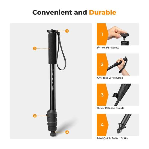 K&F Concept monopod, 160cm, aluminium, 1/4" és 3/8" csatlakozás csuklópánt, fekete