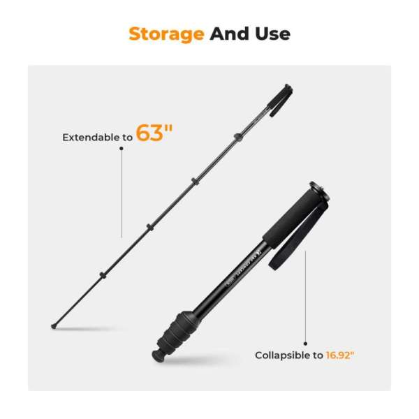 K&F Concept monopod, 160cm, aluminium, 1/4" és 3/8" csatlakozás csuklópánt, fekete