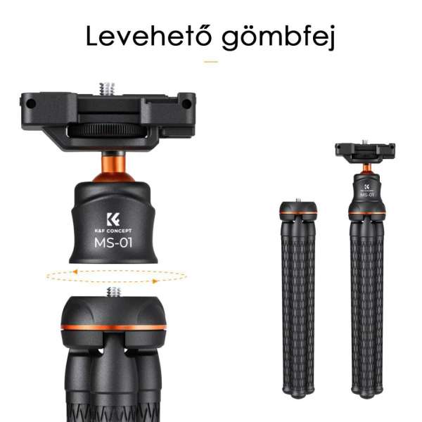 K&F Concept MS-01 hajlítható lábú állvány, gömbfejjel, bluetooth kioldóval