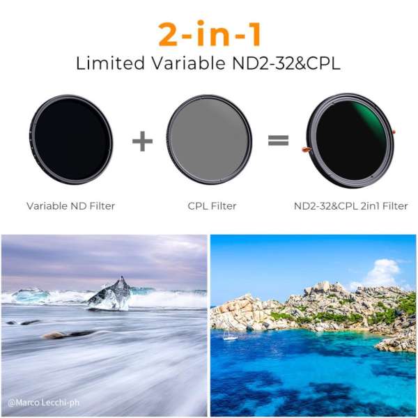 K&F Concept NANO-X, CPL+VARIO ND2-32 szűrő, w/o black cross, HD, vízlep, karcálló, törlőkendő, 55mm