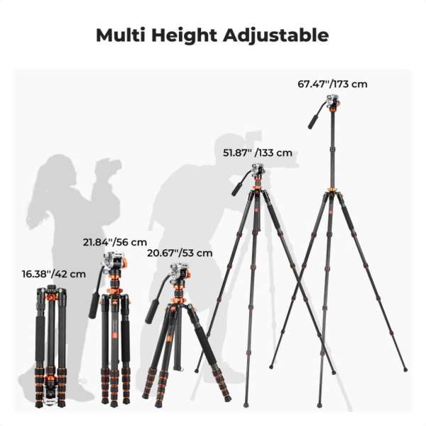K&F Concept O255C4+FH-03 karbon videóállvány, 170cm magasság, 5kg teherbírás