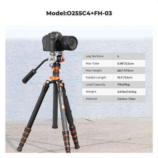 K&F Concept O255C4+FH-03 karbon videóállvány, 170cm magasság, 5kg teherbírás