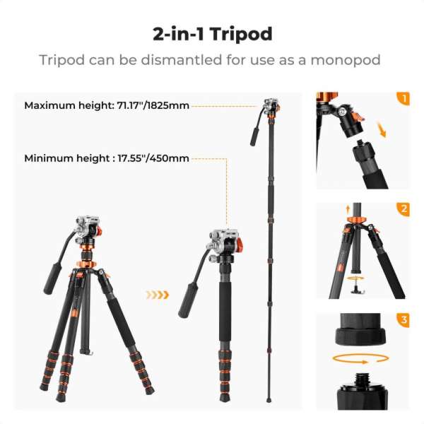 K&F Concept O255C4+FH-03 karbon videóállvány, 170cm magasság, 5kg teherbírás