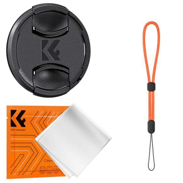 K&F Concept objektívvédő sapka zsinórral + törlőkendő, 52mm