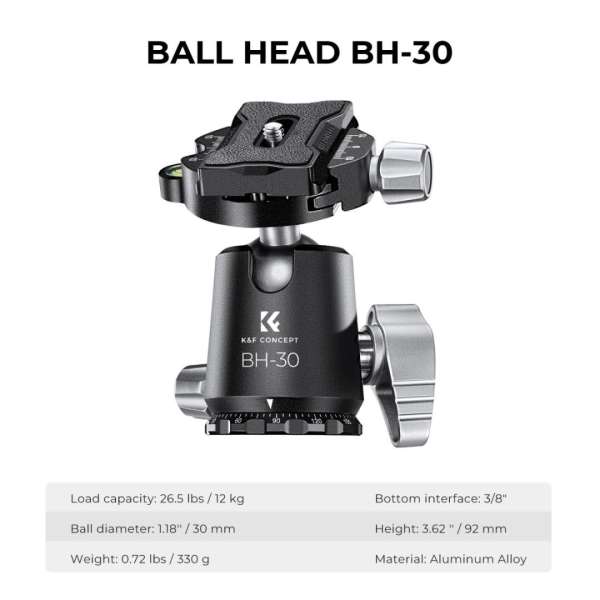 K&F Concept Professional Camera Tripod Capacity 12KG/26.2lbs with 30mm Metal Ball
