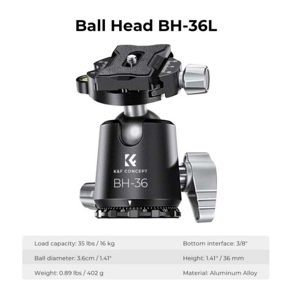 K&F Concept Professional Camera Tripod Capacity 16KG/35.2lbs with 36mm Metal Ball