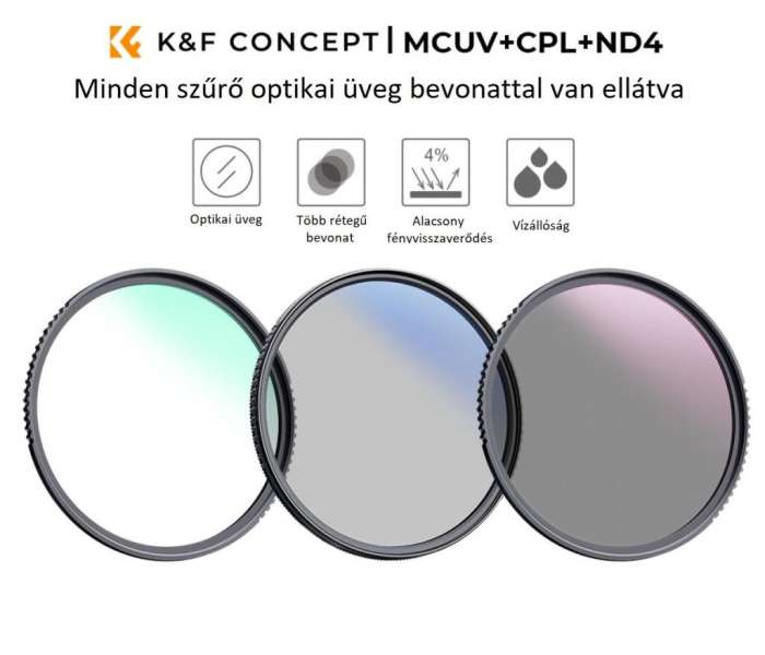 K&F Concept Professzionális szűrő szett + szűrőtartó tok (UV+CPL+ND4) 40,5mm