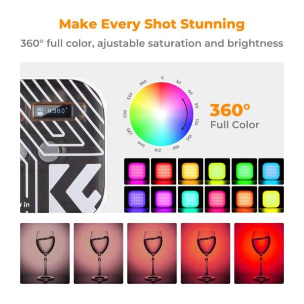 K&F Concept RGB LED lámpa, 2500-9900K, CRI 96+, 2000mAh, 21 fényeffekt, fehér