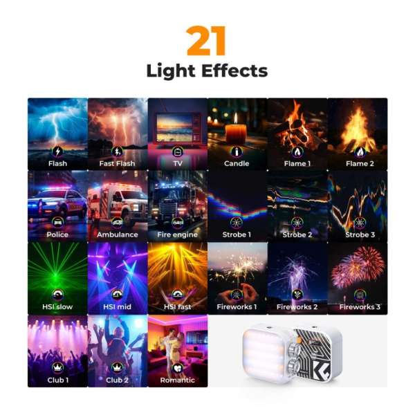 K&F Concept RGB LED lámpa, 2500-9900K, CRI 96+, 2000mAh, 21 fényeffekt, fehér