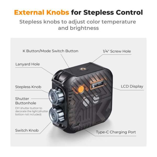 K&F Concept RGB LED lámpa, 2500-9900K, CRI 96+, 2000mAh, 21 fényeffekt, fekete